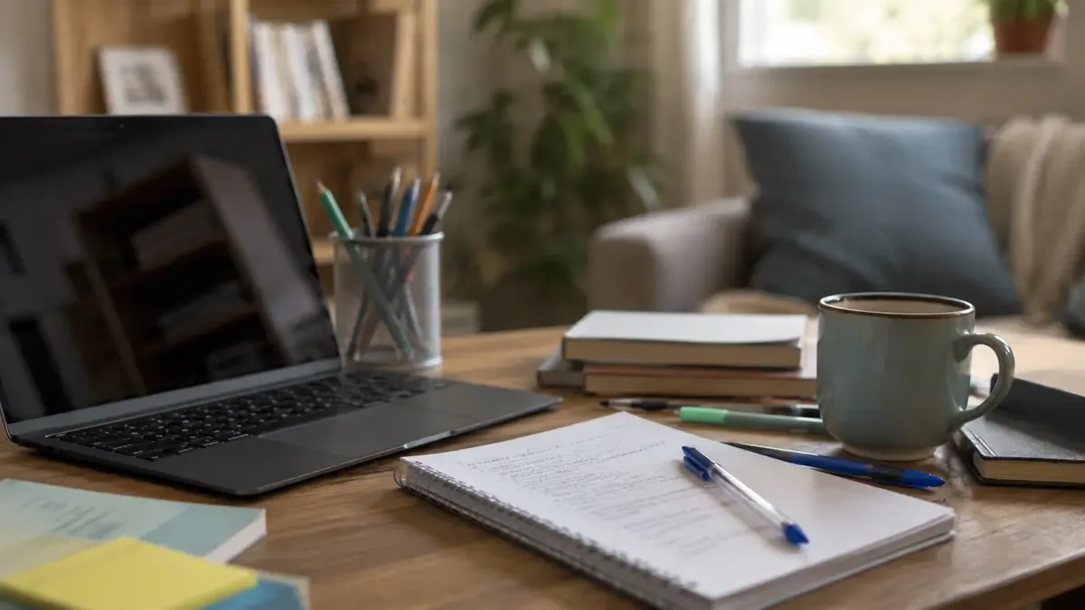 Apuntes, lápices y una taza junto a una notebook en un escritorio de estudio en casa, vista en tres cuartos, profundidad de campo suave