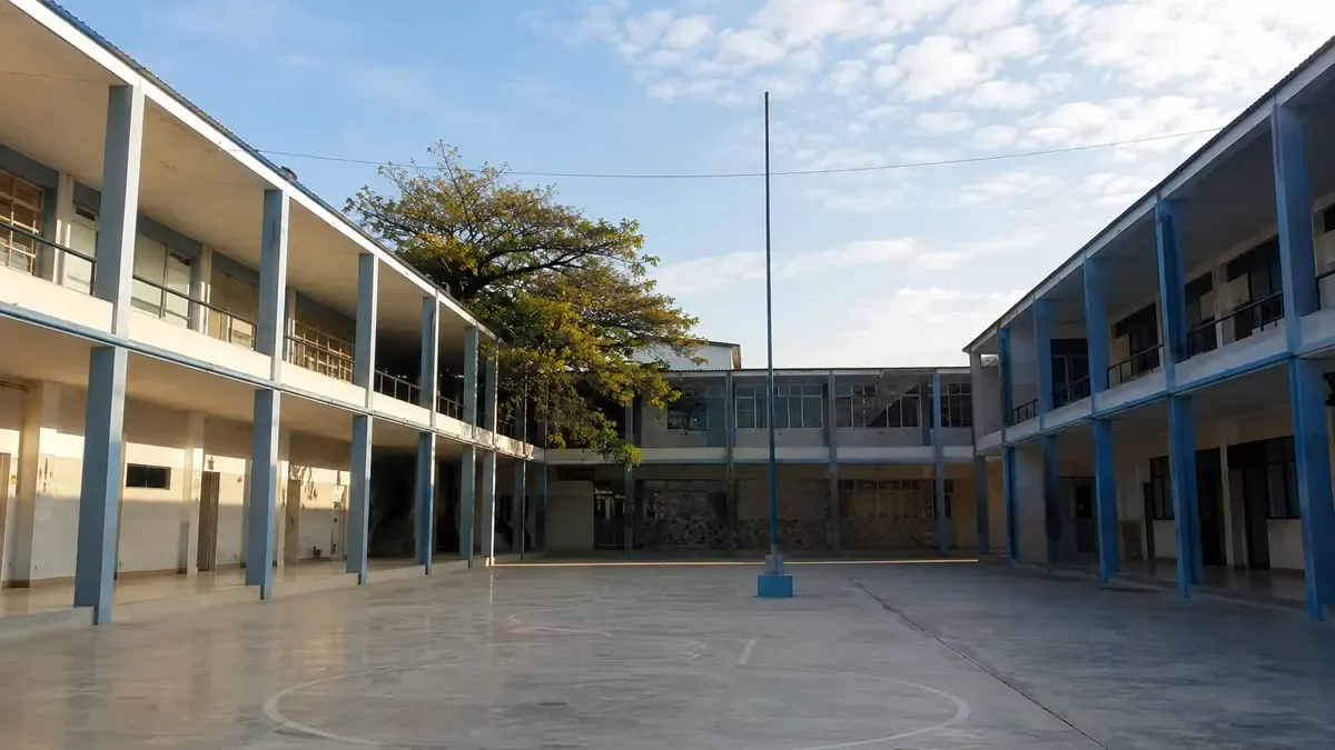 Patio de escuela vacio con mastil y galerias laterales en una manana soleada