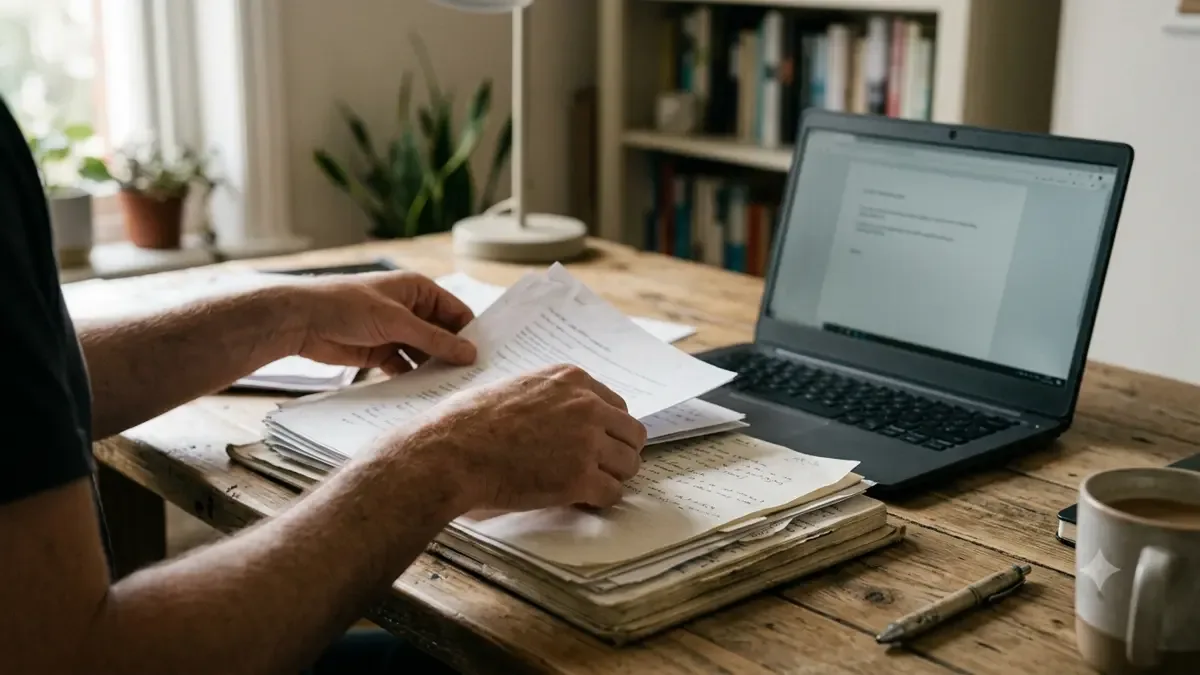 Manos adultas organizando apuntes y una notebook en un escritorio de estudio en casa, vista en tres cuartos, profundidad de campo suave