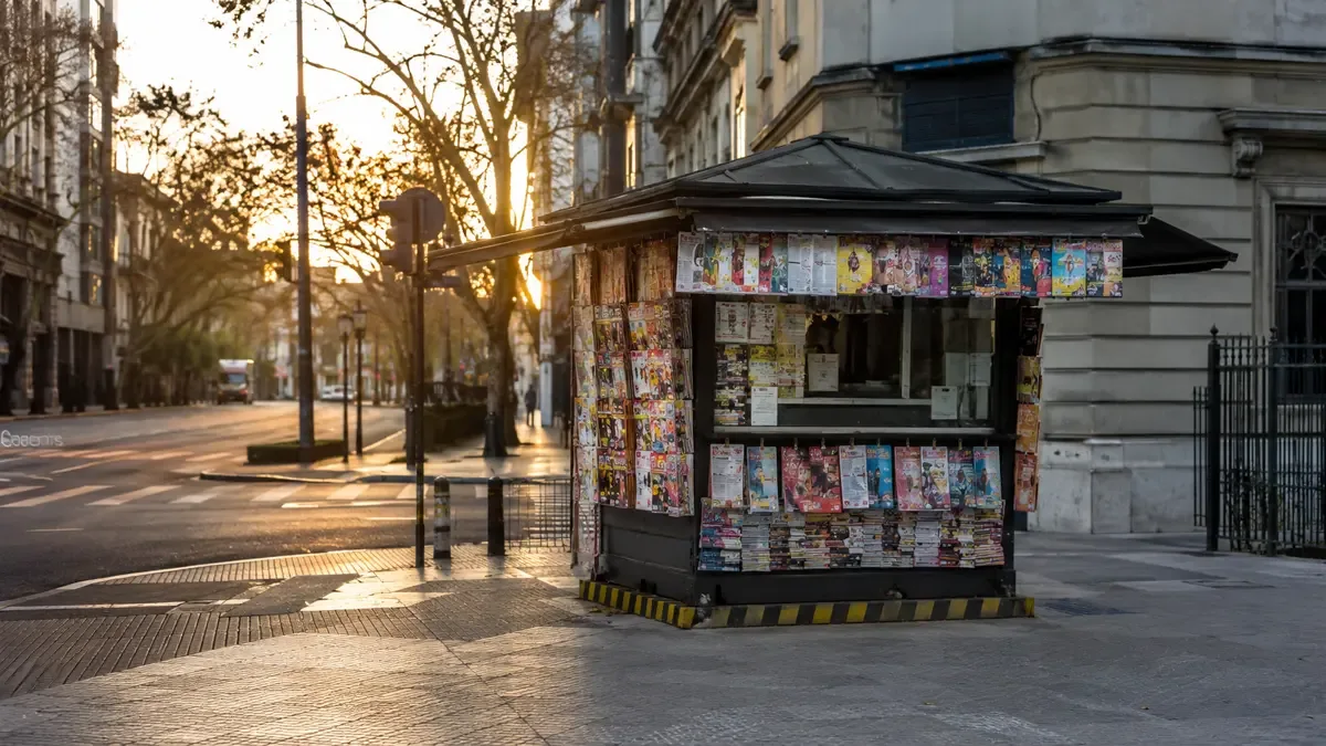 Kiosco de diarios y revistas en una esquina de la ciudad al amanecer