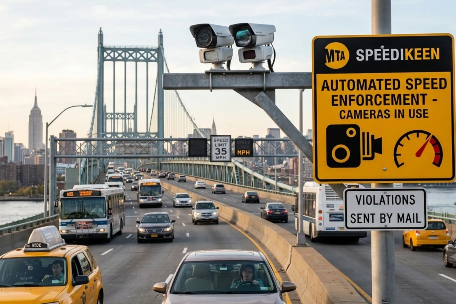 Cámaras de control de velocidad instaladas en un puente de Nueva York con tráfico vehicular