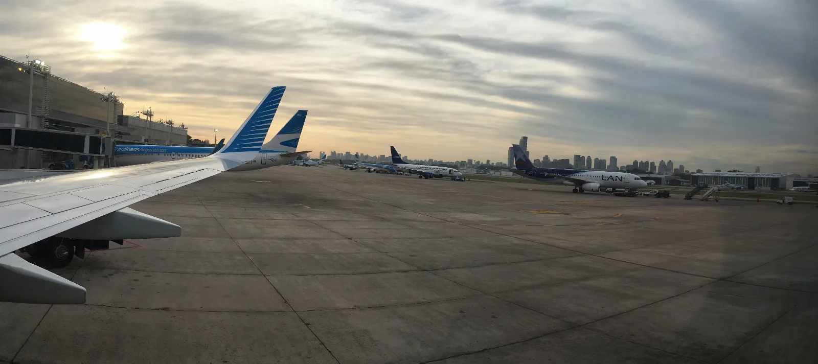 Aircraft at Aeroparque Jorge Newbery in Buenos Aires, Argentina on the morning of 13 December 2015. Viewed from Aerolineas Argentinas LV-FWS Boeing 737.