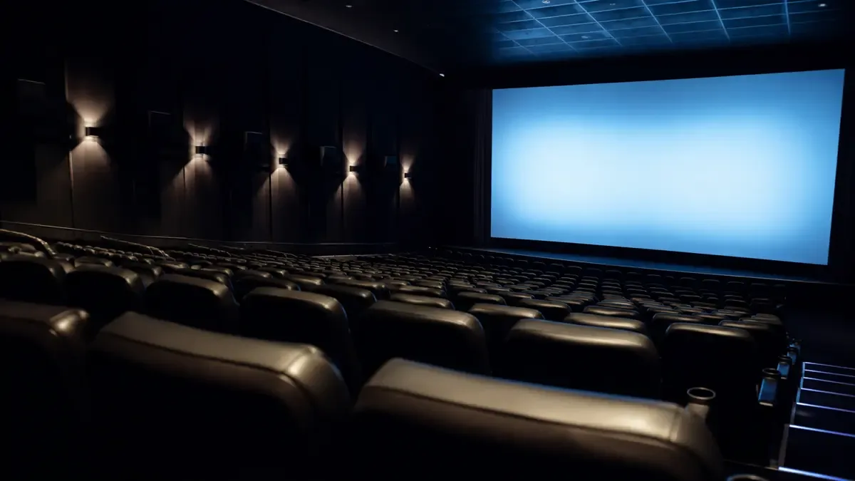 Sala de cine con butacas vacías y pantalla iluminada al fondo