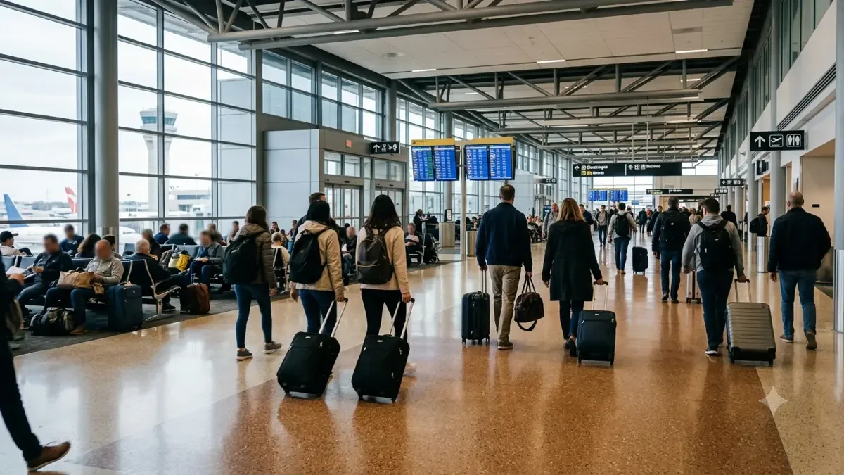 Hall de aeropuerto genérico con valijas en tránsito