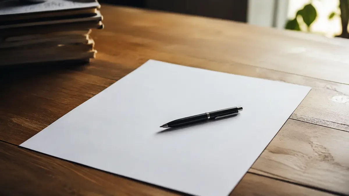 Documento en blanco con una lapicera apoyada encima sobre un escritorio de madera
