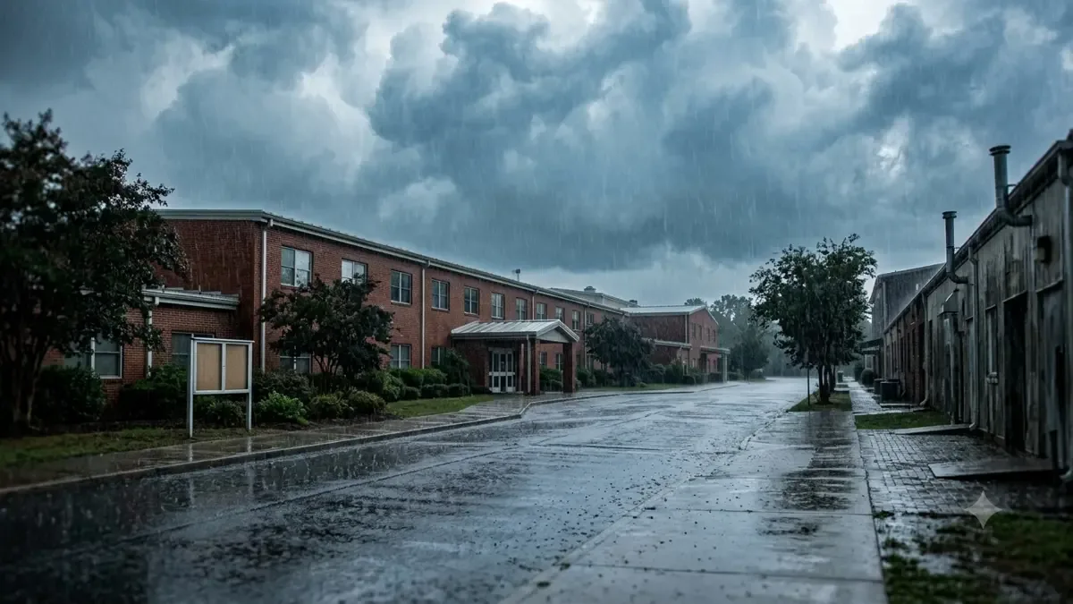 Nubes densas y lluvia sobre una calle vacía en un centro comunitario, plano medio documental, perspectiva natural