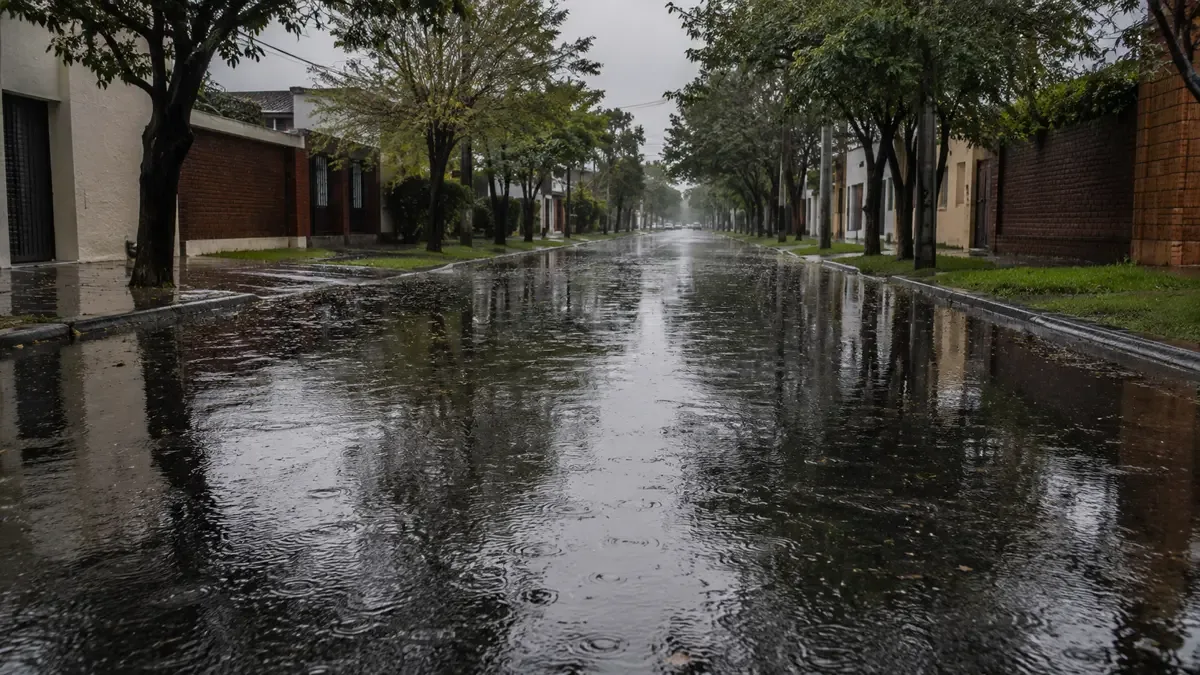Calle de barrio cubierta de agua con el reflejo de los árboles
