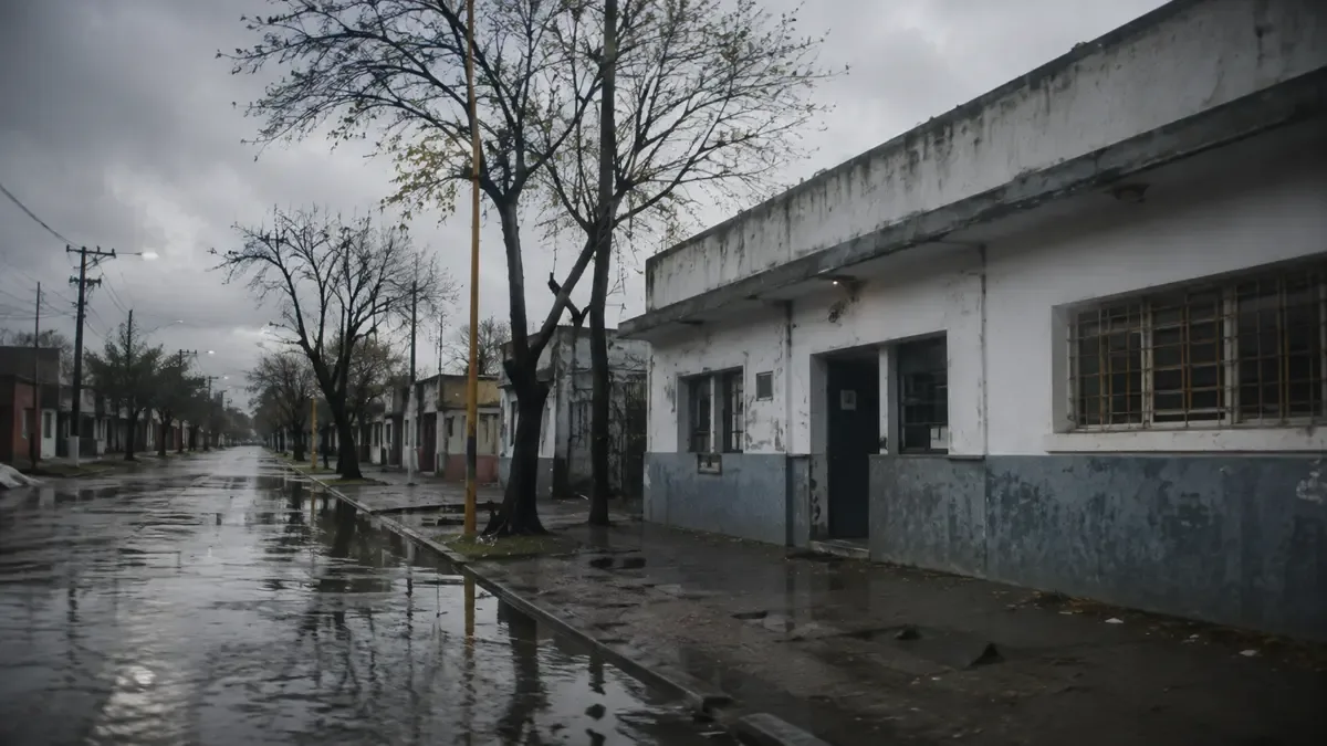 Nubes densas y lluvia sobre una calle vacía en un centro comunitario, vista en tres cuartos, profundidad de campo suave