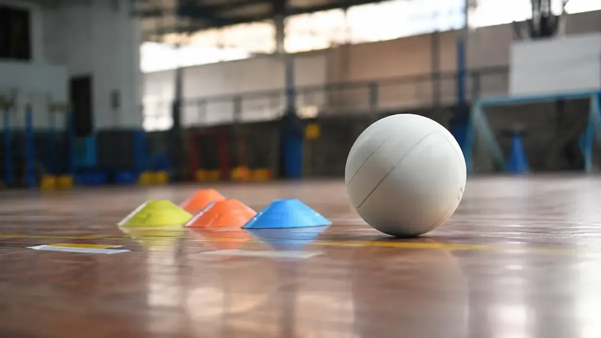 Una pelota lisa junto a conos de entrenamiento en un gimnasio cubierto, vista en tres cuartos, profundidad de campo suave