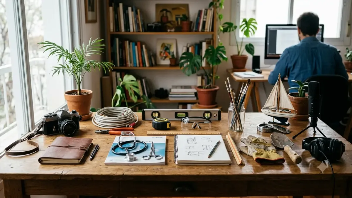 Objetos de distintas profesiones ordenados sobre una mesa en un escritorio de estudio en casa, plano medio documental