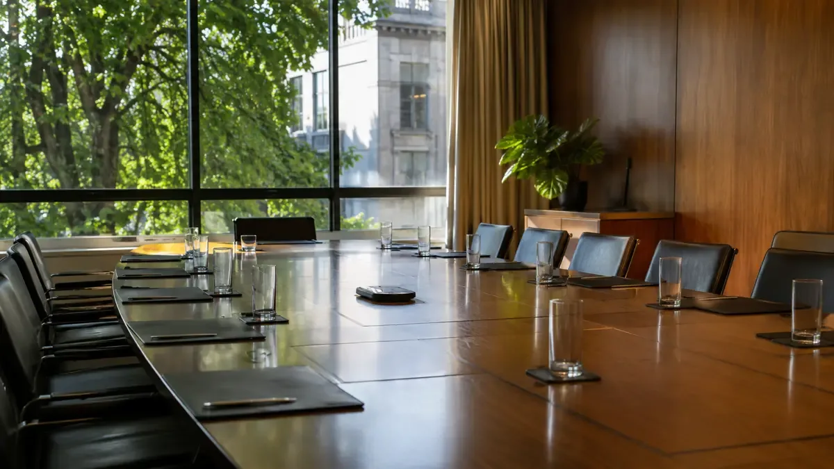 Mesa larga de madera con sillas y vasos de agua en una sala de reuniones vacia