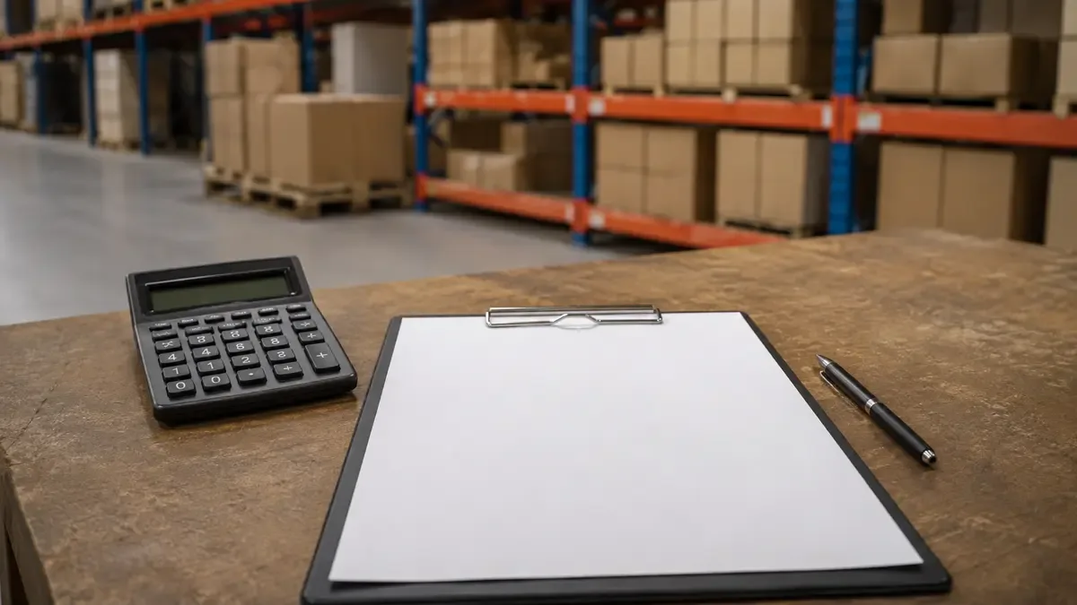 Un formulario fiscal en blanco con calculadora y lapicera en un depósito logístico ordenado, plano medio documental, perspectiva natural