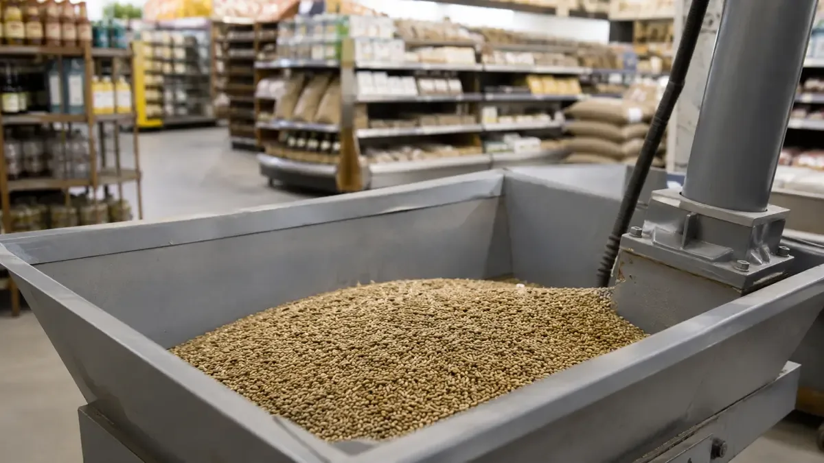 Granos en una tolva junto a maquinaria sin marcas en una góndola de comercio sin marcas visibles, plano medio documental, perspectiva natural