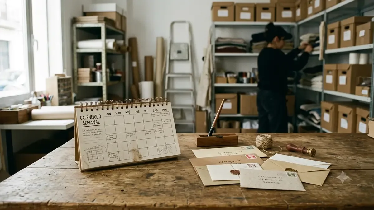 Un calendario sin números junto a sobres cerrados en la trastienda ordenada de un comercio, vista en tres cuartos, profundidad de campo suave