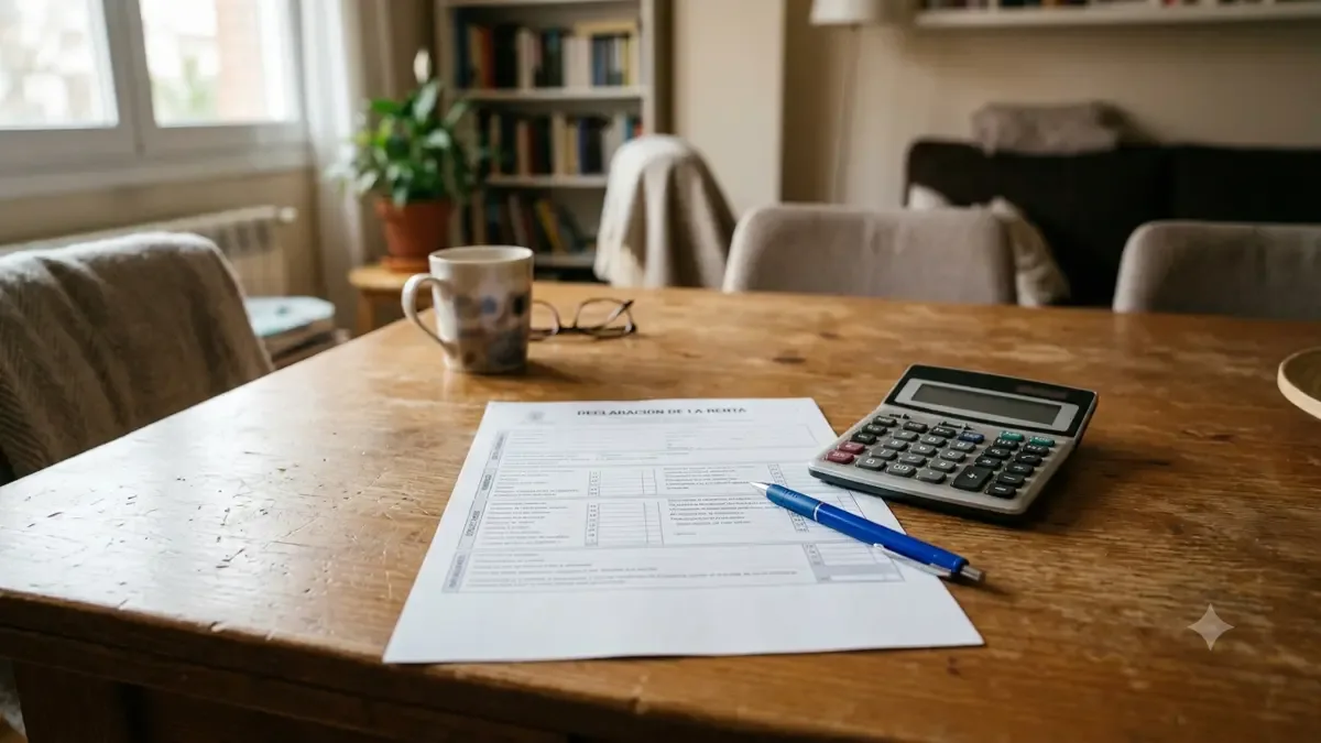 Un formulario fiscal en blanco con calculadora y lapicera en una mesa familiar de uso cotidiano, vista en tres cuartos, profundidad de campo suave