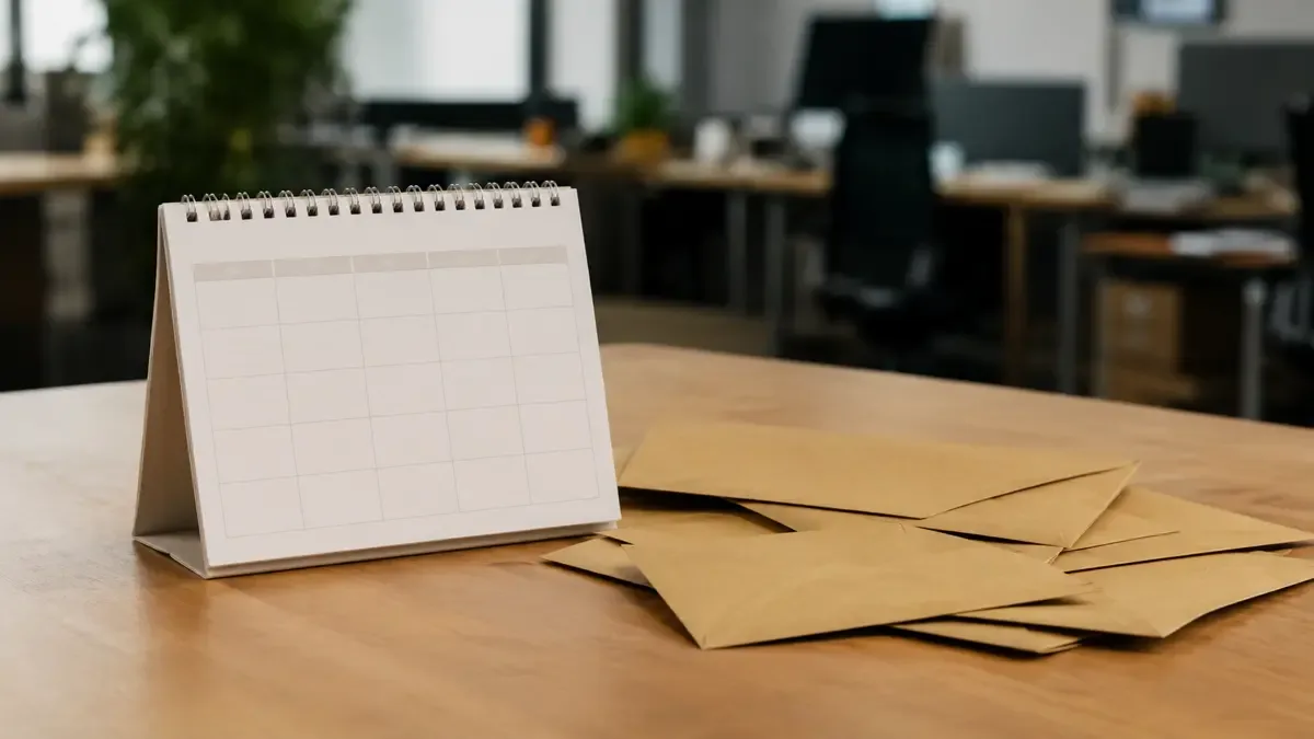 Un calendario sin números junto a sobres cerrados en una mesa compartida de trabajo, plano medio documental, perspectiva natural