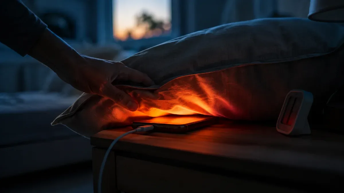 Mano retira un celular caliente que cargaba bajo una almohada junto a un termómetro externo