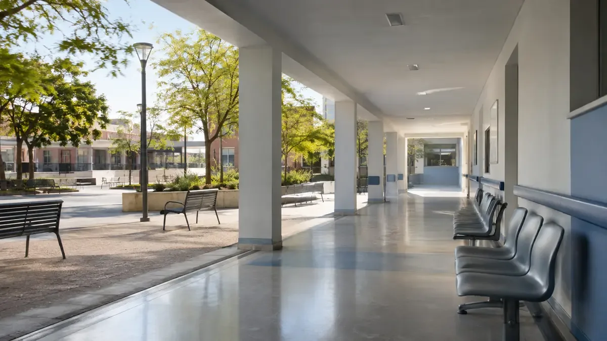 Un pasillo hospitalario limpio y vacío en una plaza de barrio con mobiliario urbano, plano medio documental, perspectiva natural