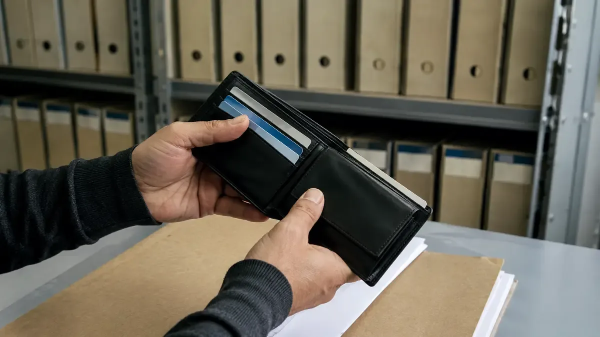 Una billetera abierta con tarjetas completamente genéricas en un archivo administrativo con carpetas lisas, plano medio documental, perspectiva natural