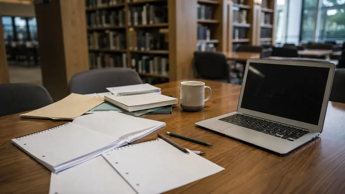 Apuntes, lápices y una taza junto a una notebook en una mesa de biblioteca, vista en tres cuartos, profundidad de campo suave