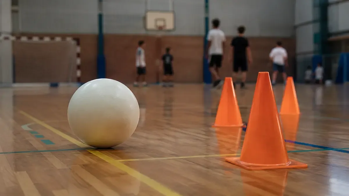 Una pelota lisa junto a conos de entrenamiento en un gimnasio cubierto, plano medio documental, perspectiva natural