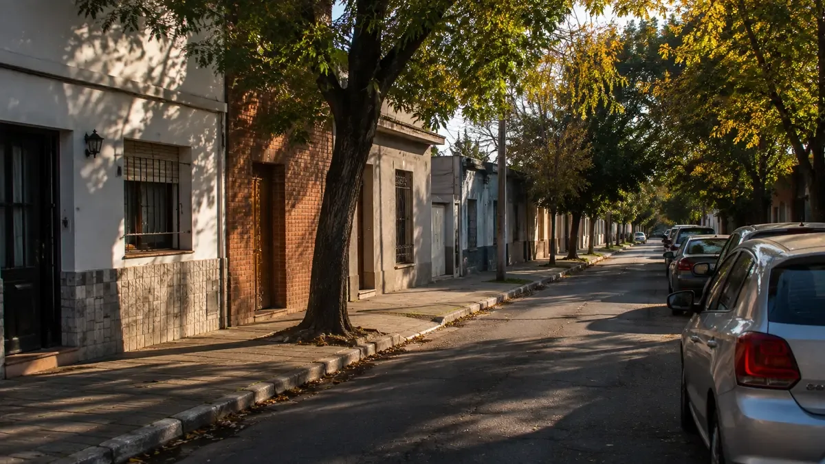 Calle de barrio con casas bajas, veredas arboladas y autos estacionados