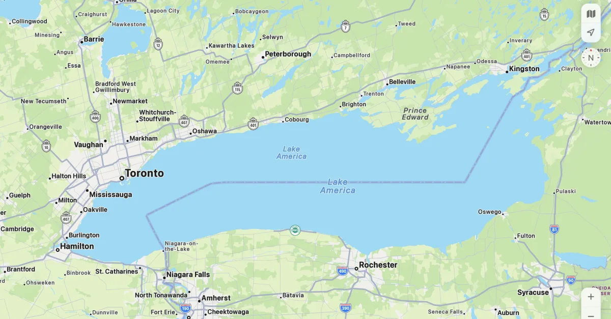 Apple Maps renombró el lago Ontario como lago América