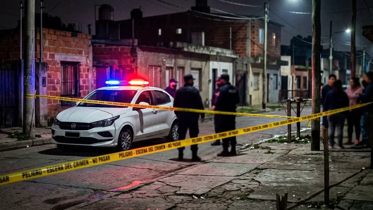 Patrullero y cinta de perímetro en un operativo policial nocturno de barrio.