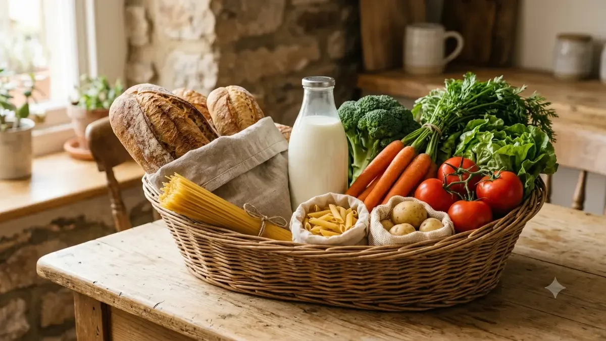 Canasta de mimbre con pan, leche, fideos y verduras sobre una mesa