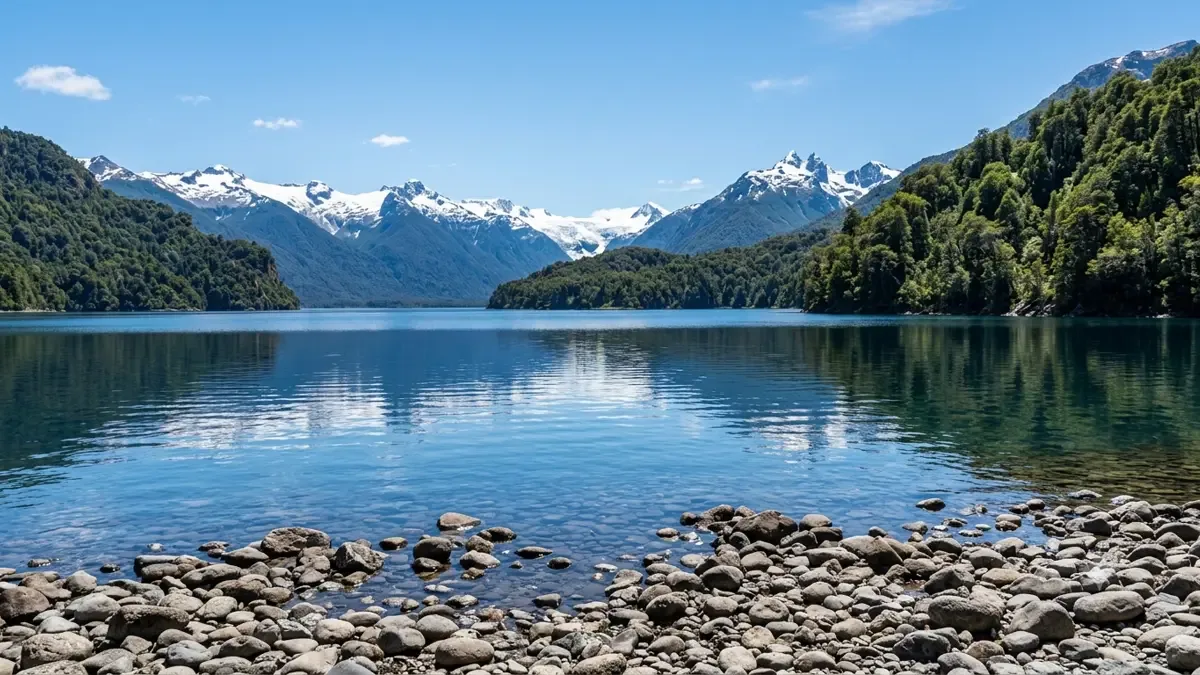 Lago azul rodeado de cerros boscosos con cumbres nevadas al fondo