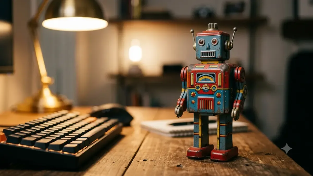 Robot de juguete de lata retro parado sobre un escritorio
