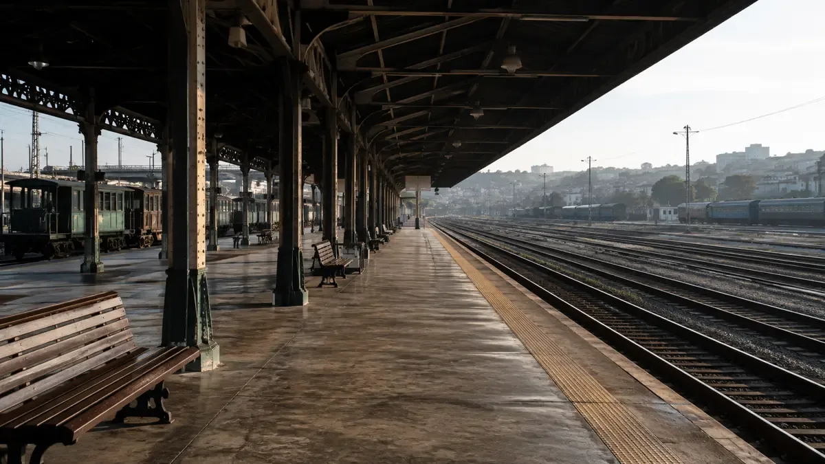 Anden de una estacion de tren con bancos vacios y la via en perspectiva