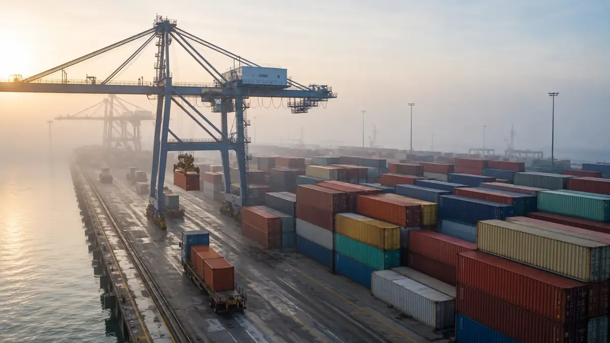 Ilustración de contenedores y grúas en un puerto