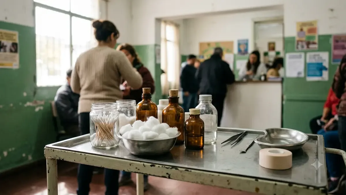 Una mesa sanitaria con algodón y frascos sin etiquetas en un centro comunitario, vista en tres cuartos, profundidad de campo