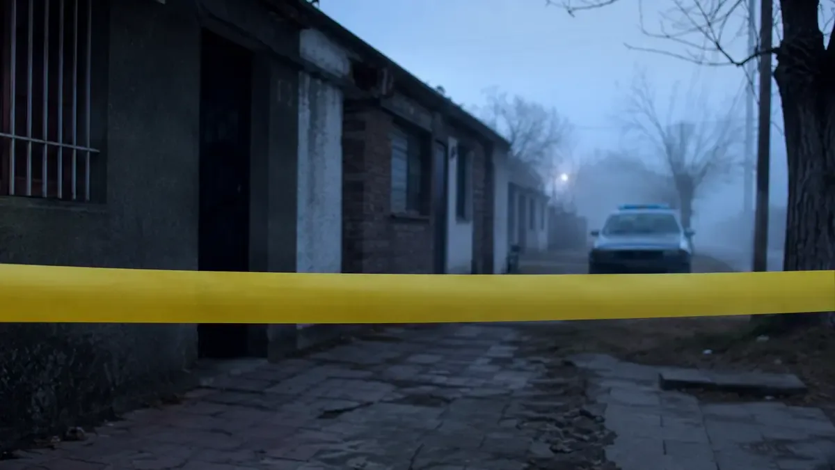 Patrullero y cinta amarilla de perímetro policial en una calle de barrio al amanecer.