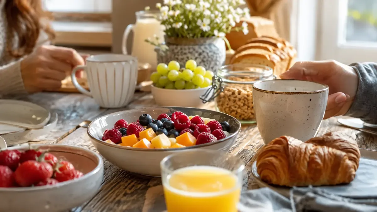 Mesa de desayuno familiar con tazas, frutas, medialunas y un florero