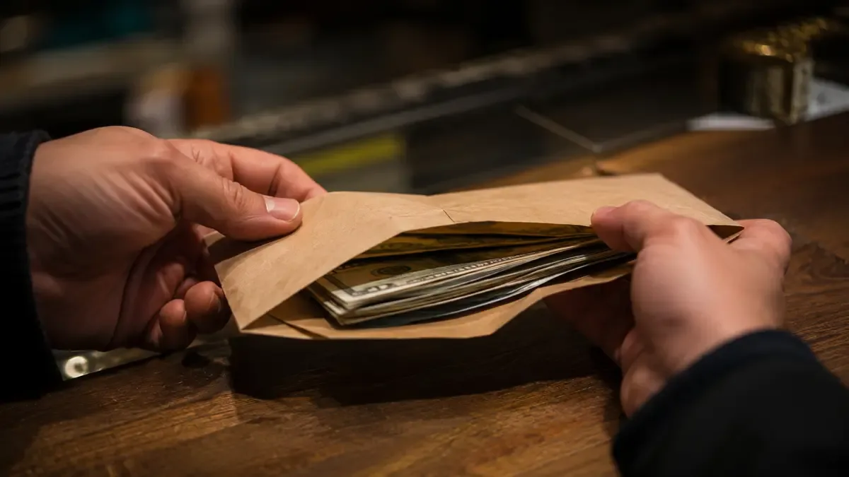 Sobre de papel madera con billetes sostenido por dos manos