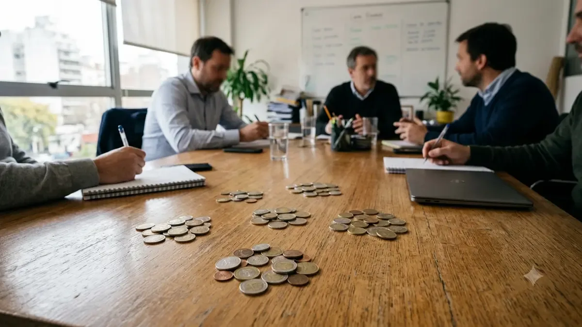 Monedas genéricas separadas en pequeños grupos en una sala de reunión de una pyme, vista en tres cuartos, profundidad de campo suave