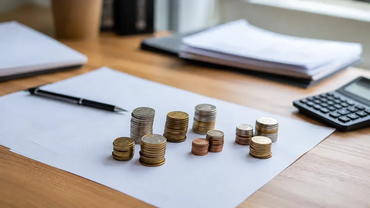 Monedas genéricas separadas en pequeños grupos en un escritorio contable con papeles sin texto, vista en tres cuartos, profundidad de campo suave
