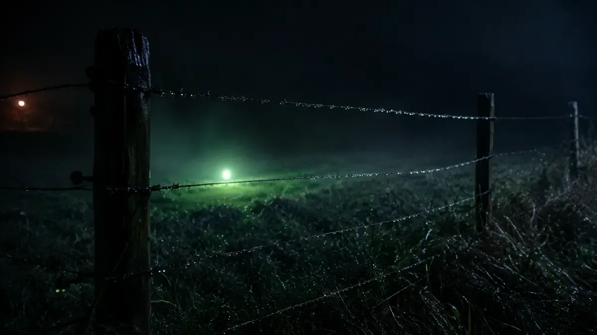 Alambrado de campo de noche con una luz verdosa flotando en el pastizal detrás
