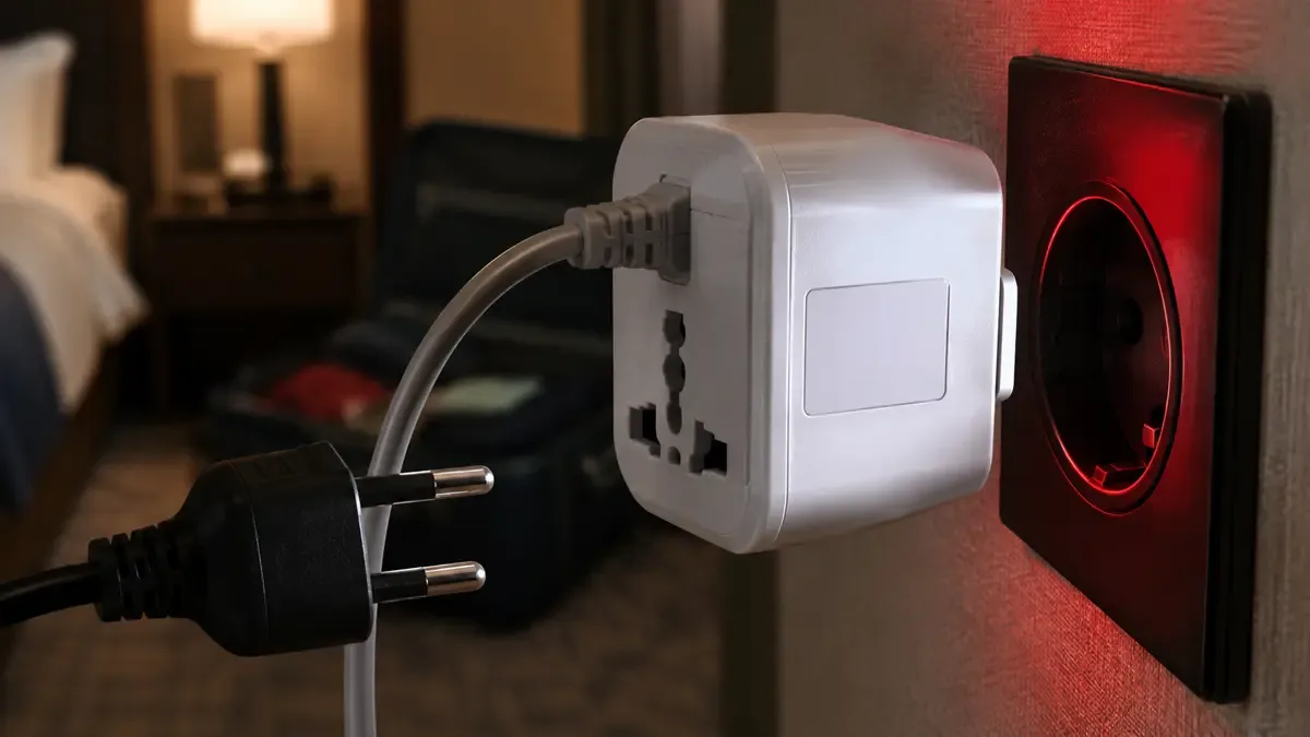 Mano detiene un enchufe con adaptador mientras una luz revela la placa de voltaje del aparato