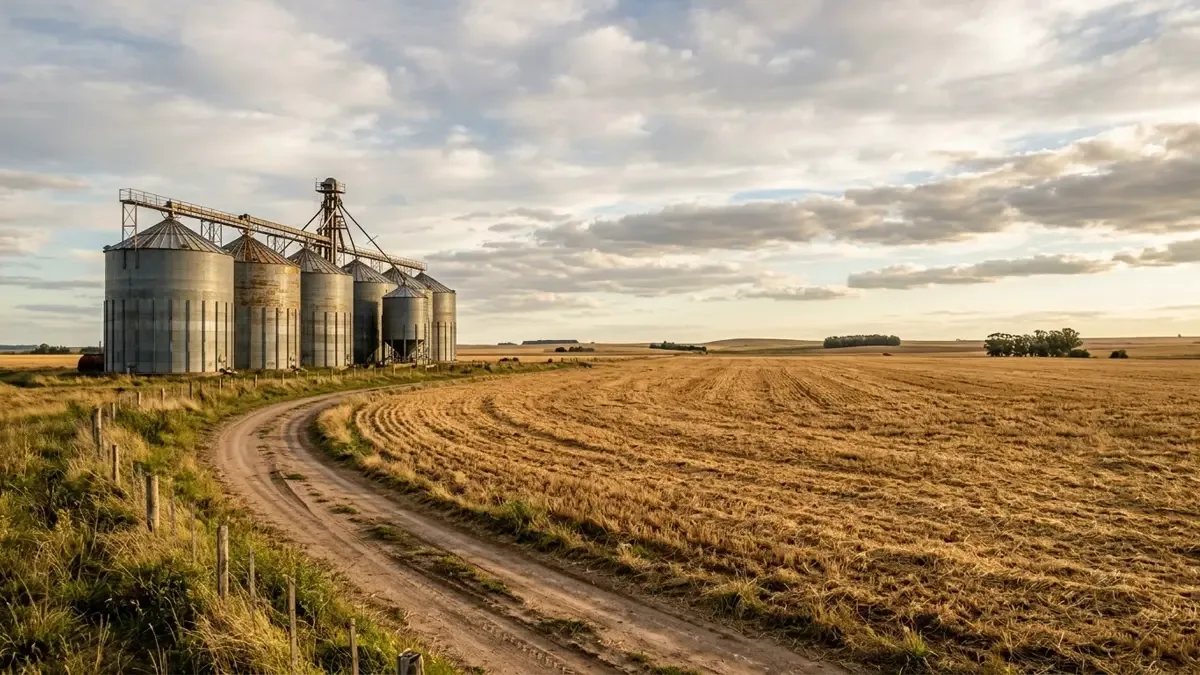 Silos metálicos junto a un campo cosechado con rastrojo