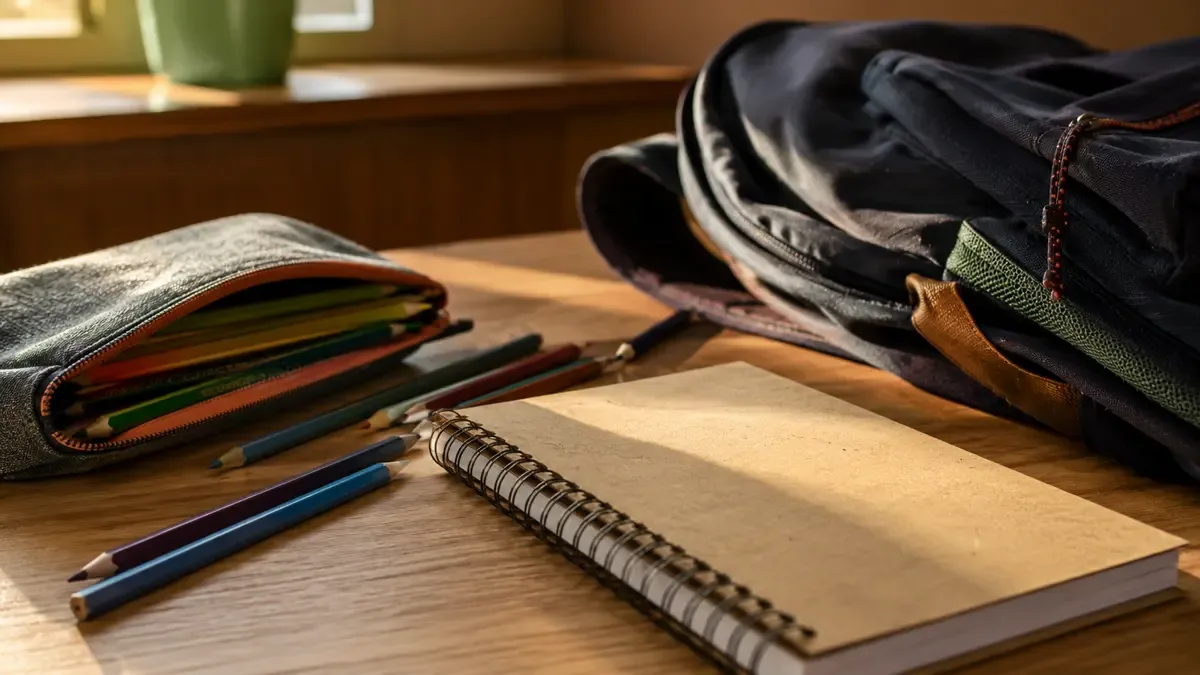 Cuaderno y lápices de colores sobre una mesa escolar