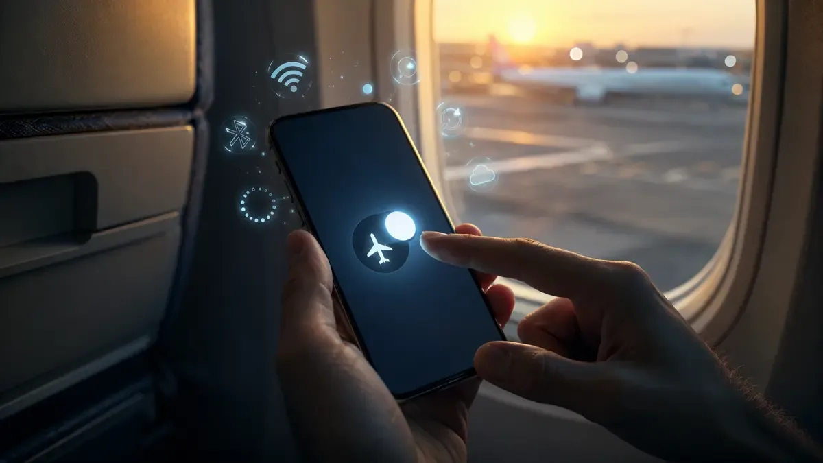 Celular en primer plano dentro de un avión aterrizado mientras una mano revisa la conexión de datos