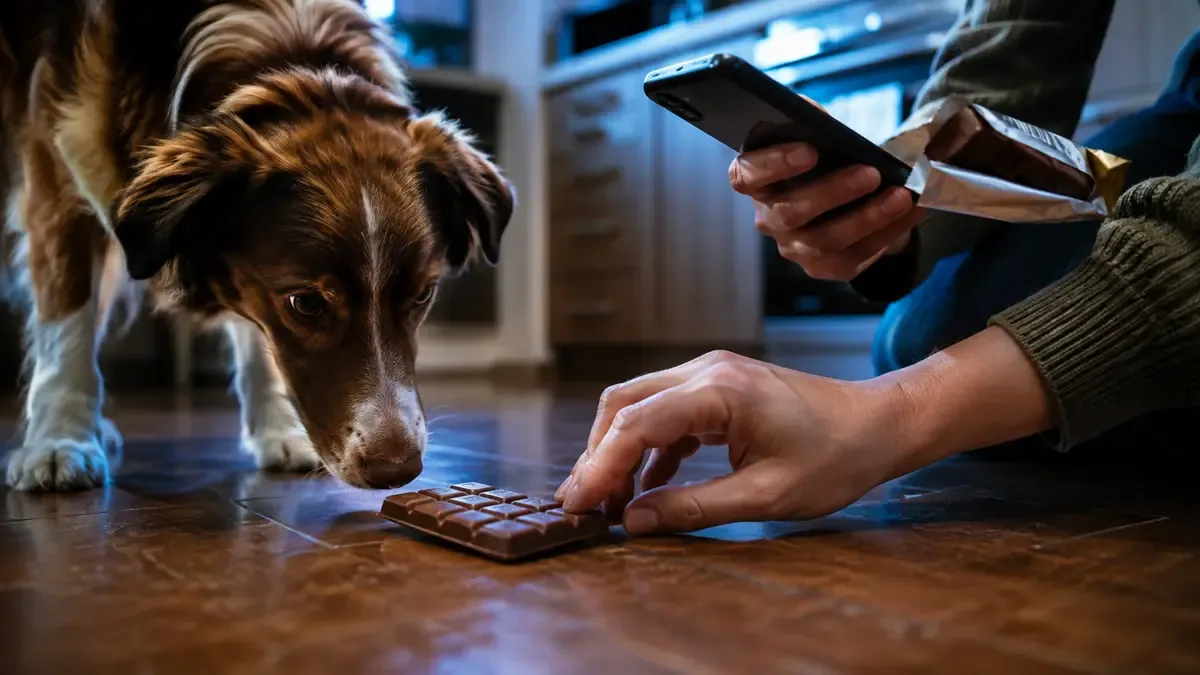 Mano retira chocolate del hocico de un perro mientras conserva el envase para consultar al veterinario