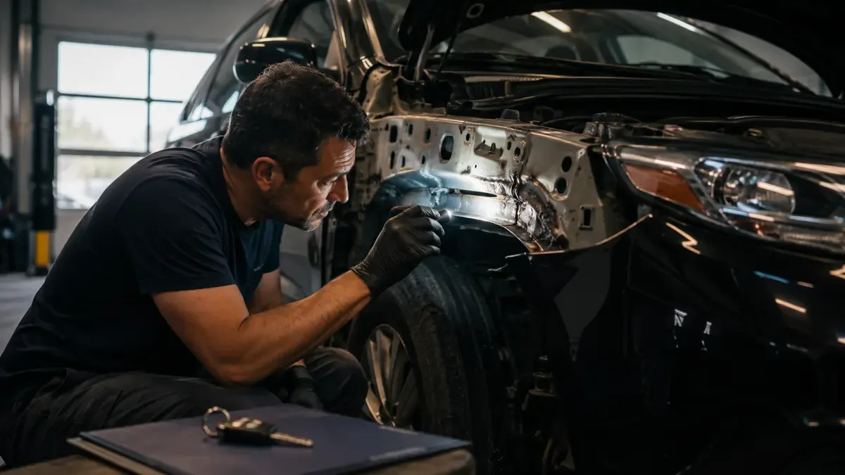 Auto usado brillante con capó abierto mientras una linterna revela una soldadura irregular en el taller