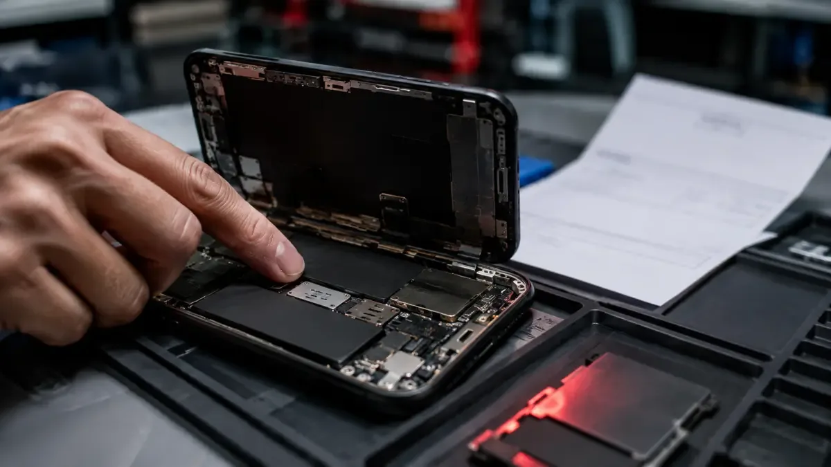 Celular reacondicionado abierto en un mostrador técnico mientras una mano compara su identificación con la factura