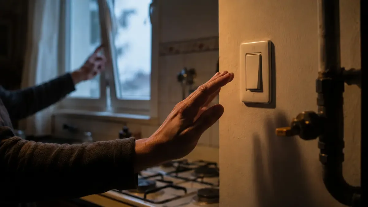 Heladera entreabierta durante un apagón con termómetro visible y una mano evitando abrirla por completo