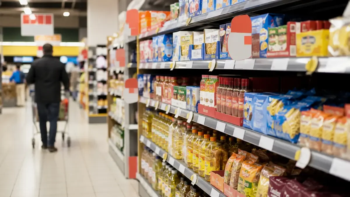 Góndola de supermercado con productos y carteles de precio en blanco