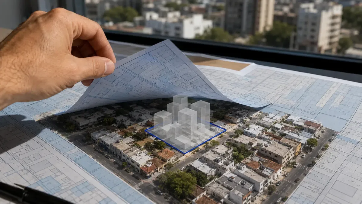 Mapa catastral sobre una cuadra de baja altura mientras una mano revela los volúmenes permitidos